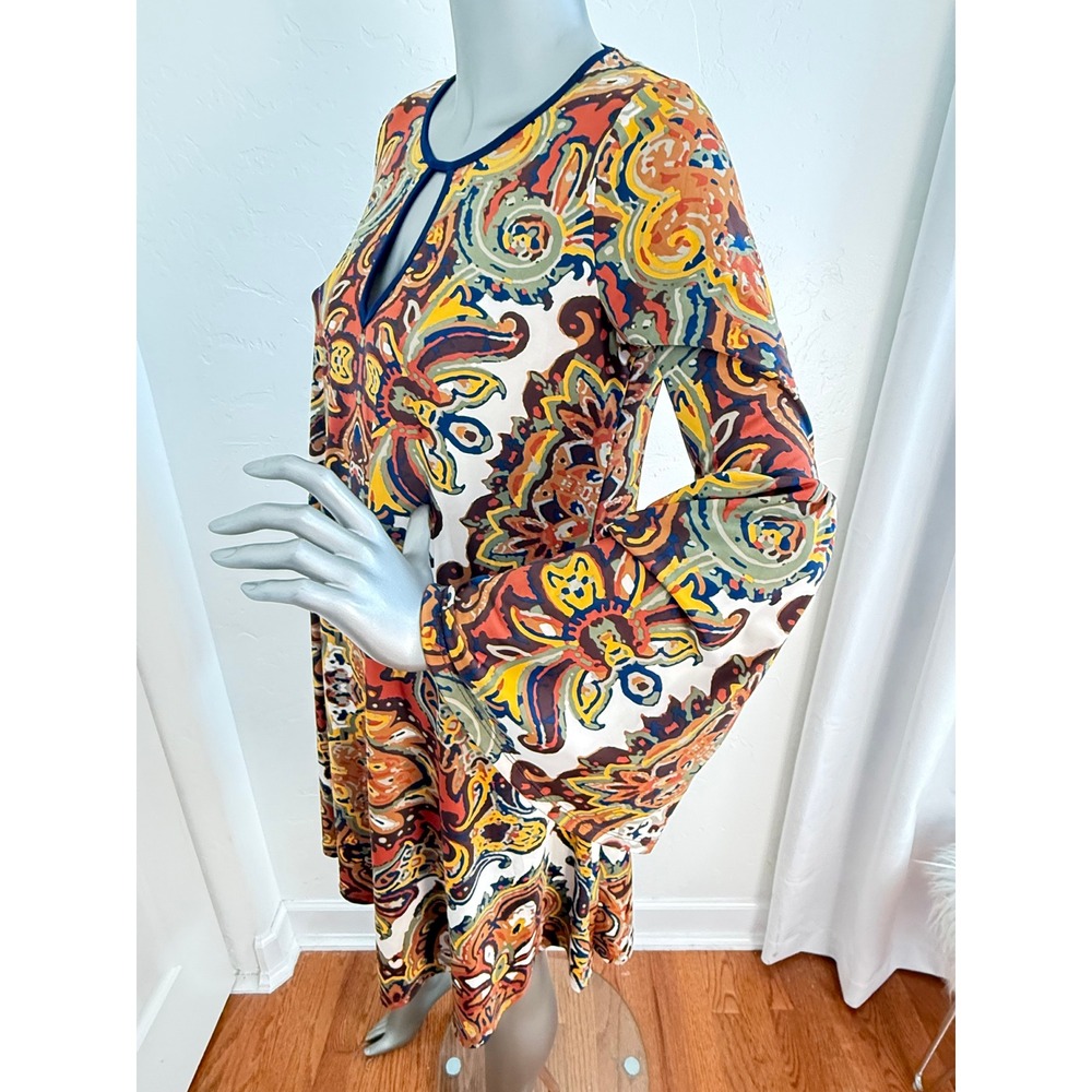 Haani Boho Retro Psychedelic Paisley Bell Sleeve Keyhole Tunic Mini Dress M - Picture 6 of 8